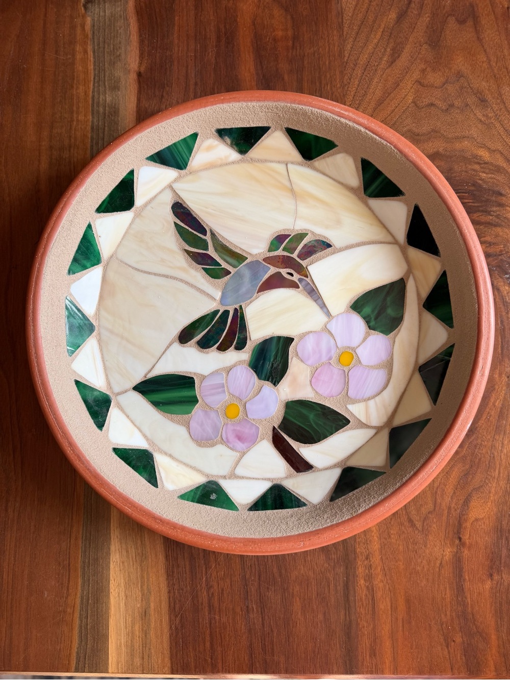 The Pot Works Madeline Mosaic Glass Hummingbird Terracotta Bowl Signed/Numbered!